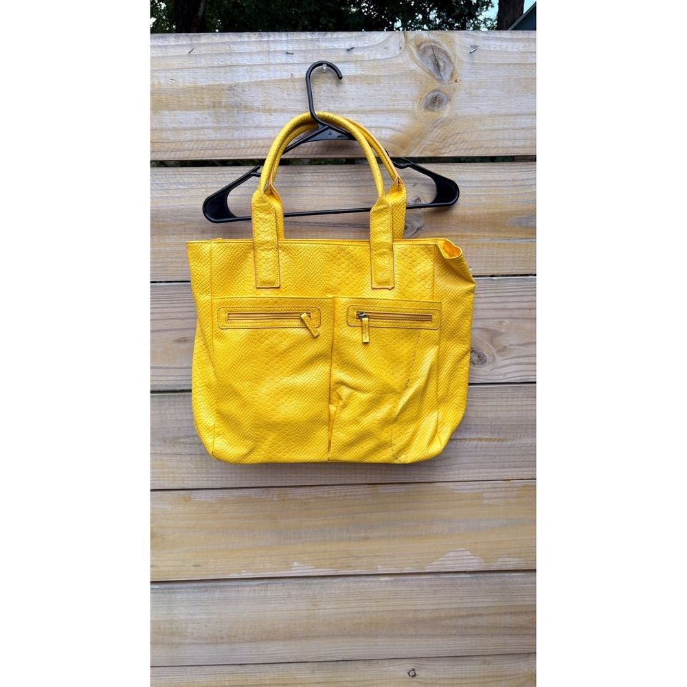 Neiman Marcus Yellow Snakeskin Embossed Faux Leather Tote Bag Front Zip Pockets - Picture 1 of 9
